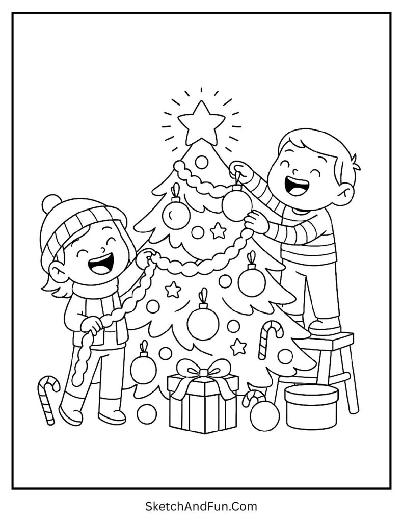 Happy kids hanging ornaments for christmas tree coloring pages printable.