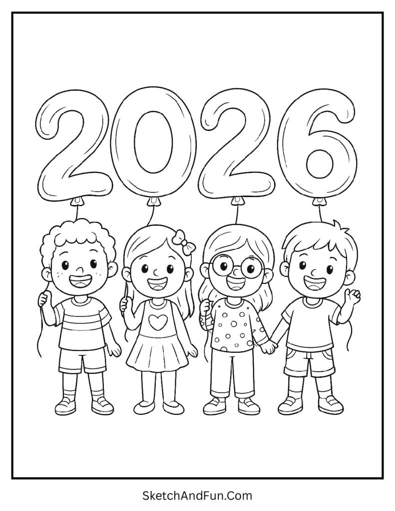 Kids Holding 2026 Balloons Coloring Page pdf