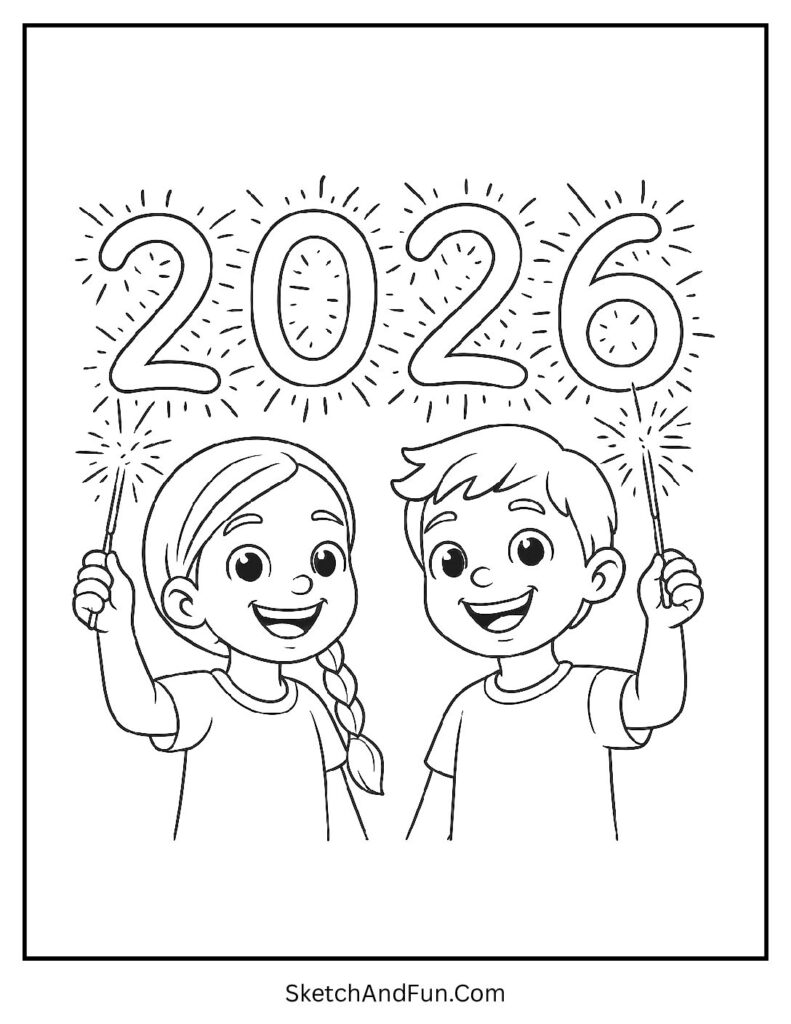 Kids waving sparklers 2026 – happy new year coloring pages with fireworks outline