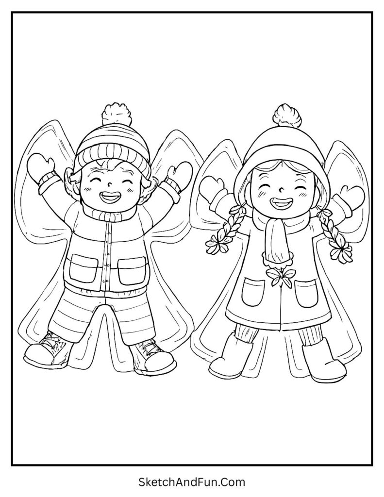 Kids making snow angels for winter coloring pages free download.