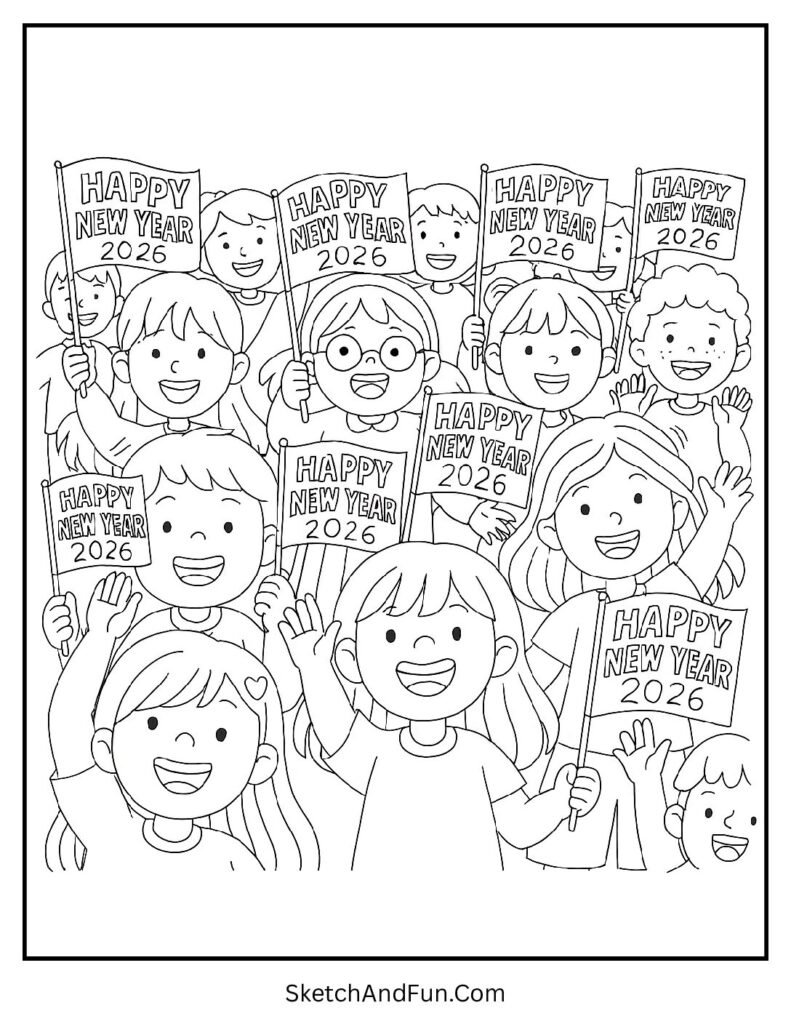 Kids waving flags 2026 – new year coloring pages christmassy transition free