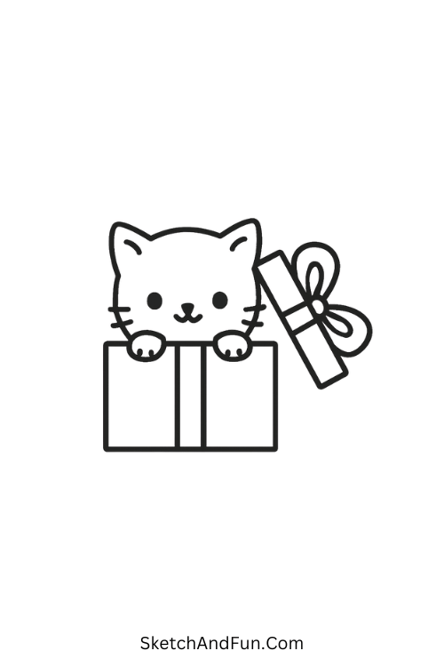 Christmas doodle art of a kitten peeking from a gift box.