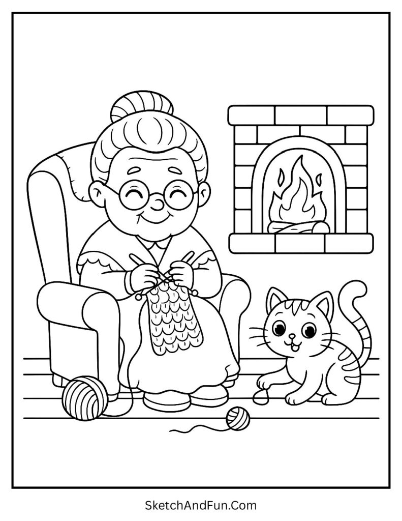 Grandma knitting with cat in cozy coloring pages hand-drawn style