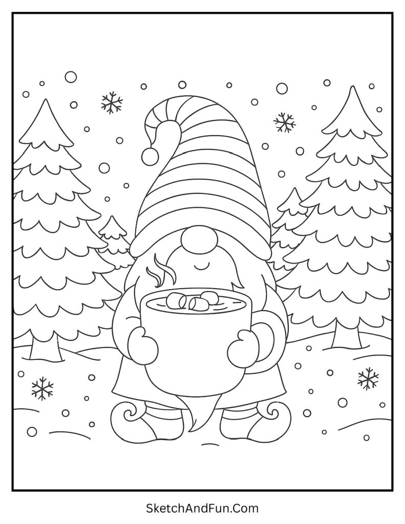Gnome with cocoa in cozy coloring pages instant download