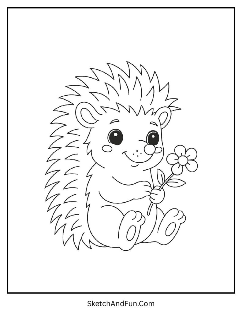 Hedgehog holding tiny flower in kawaii coloring pages animals friendly.