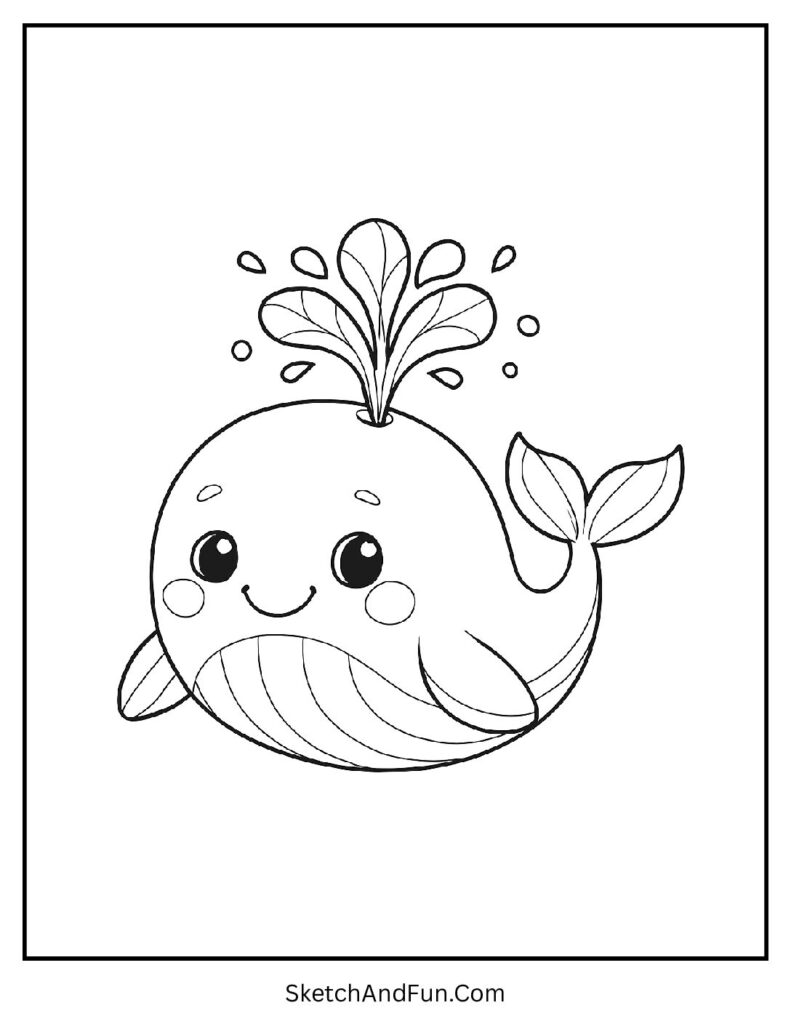 Tiny whale spouting water in kawaii coloring pages for creativity fun.