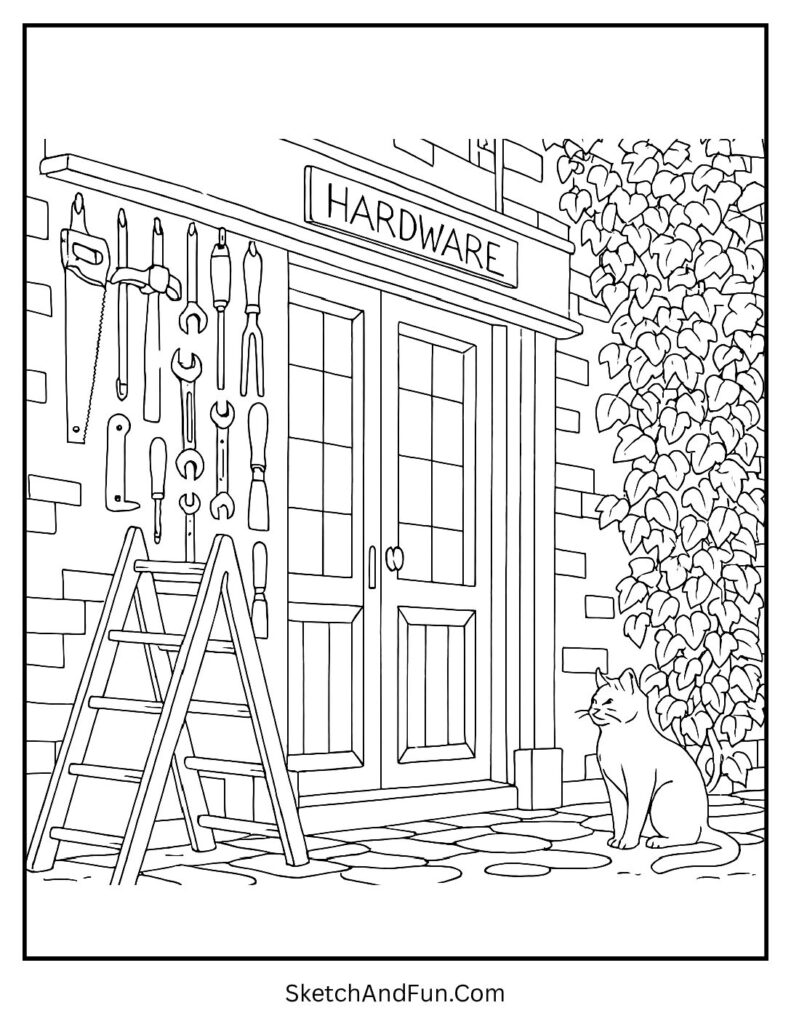 Old alley hardware shop with tools and ivy for store facade coloring page.