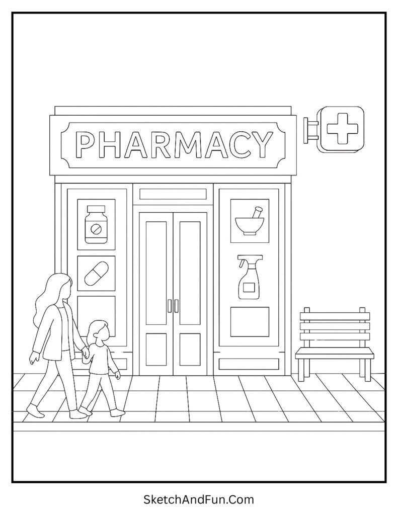 Local Pharmacy Storefront Coloring Page pdf