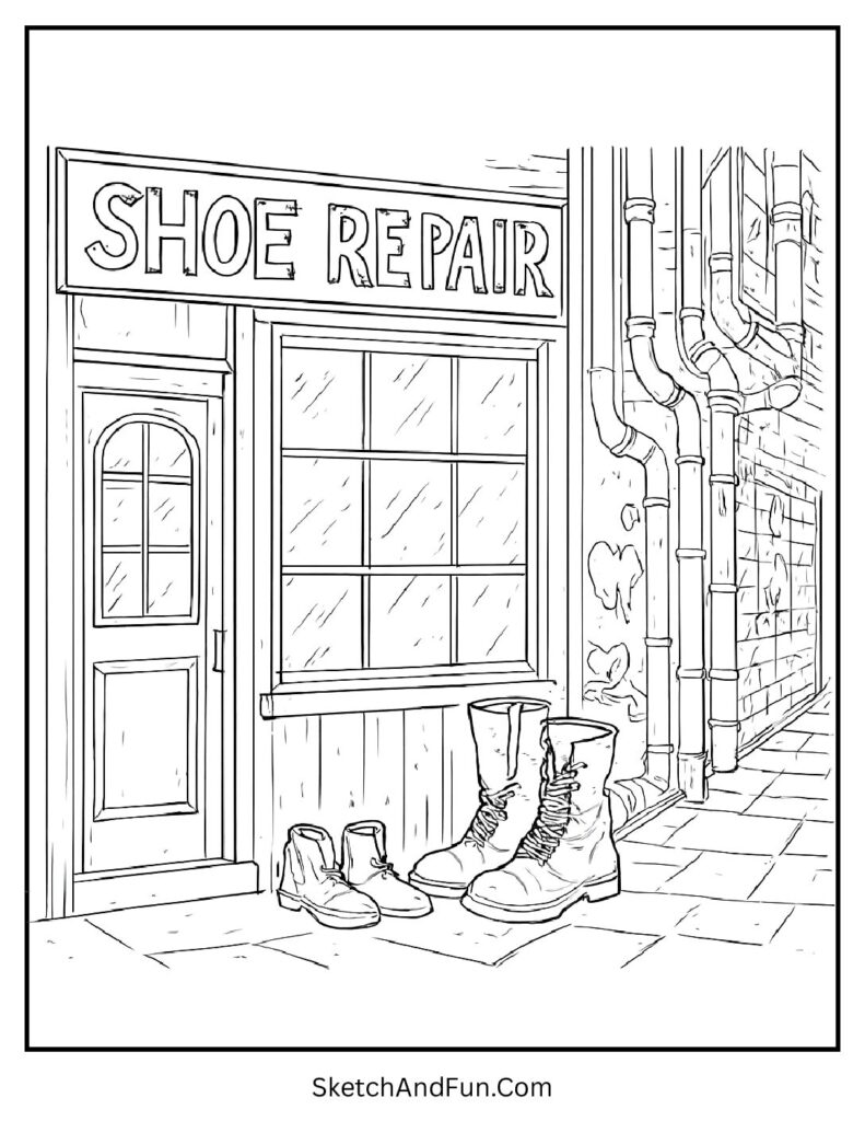 Shoe repair shop coloring page with alley graffiti and old boots outside
