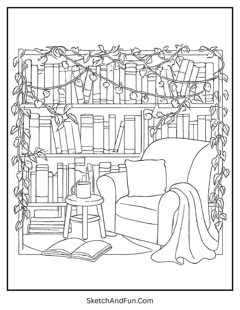 Cozy reading nook with fairy lights for aesthetic coloring pages classroom use.