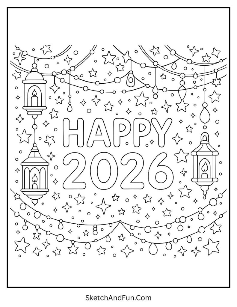 Fairy lights and lanterns – new year coloring pages black and white pdf