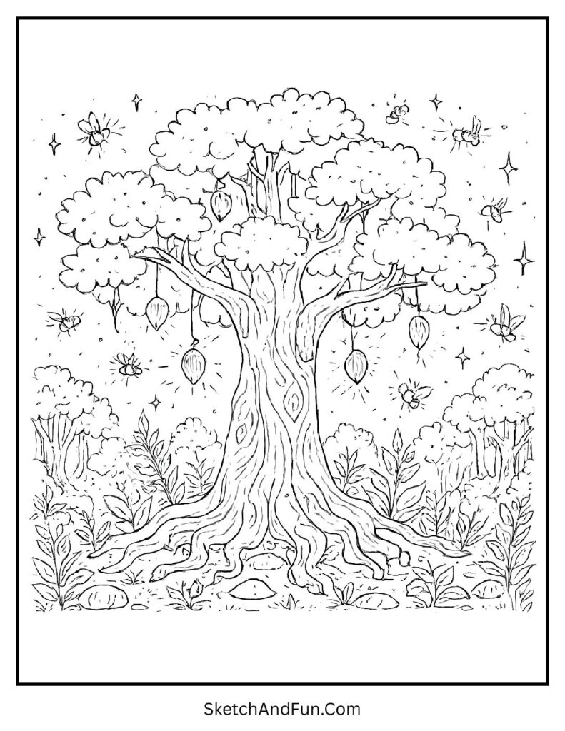 Forest tree glowing at night for winter christmas tree coloring pages.
