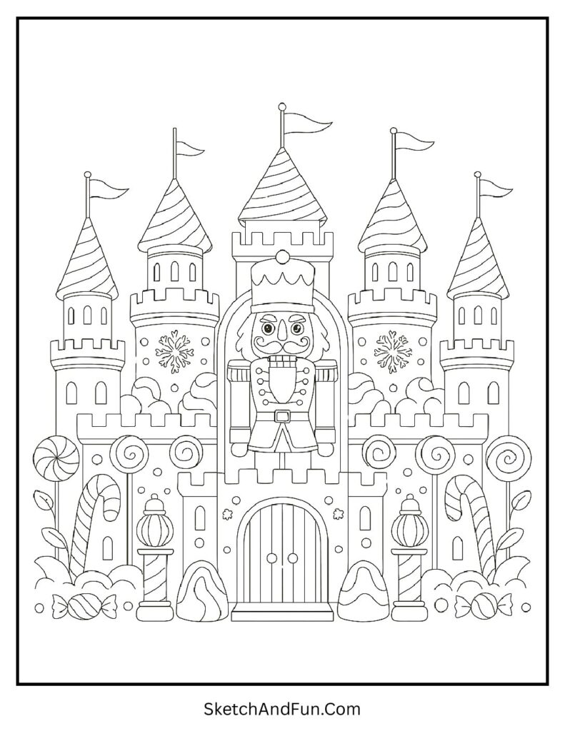 Candy castle scene from nutcracker coloring book pages for kids.