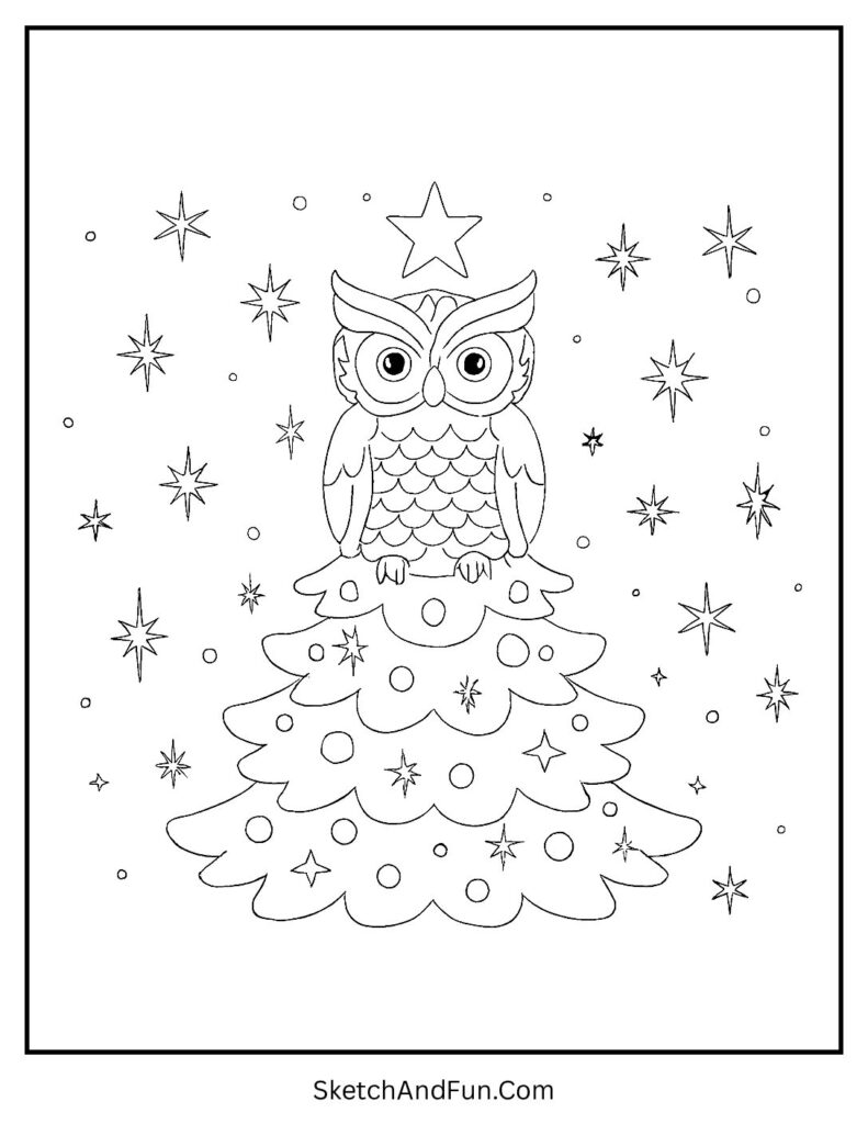 Owl perched on glowing tree for detailed christmas tree coloring pages.