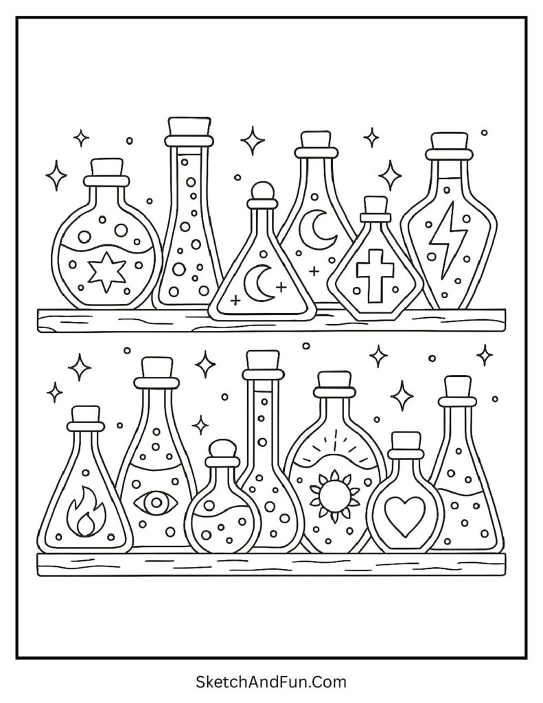 Potion bottles glowing with mystery for aesthetic abstract coloring pages.