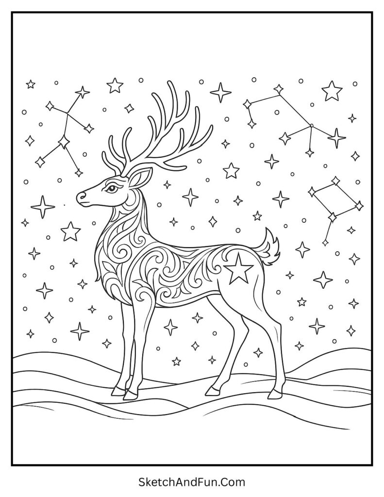 Reindeer looking up at falling stars – reindeer coloring pages for adults