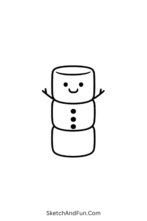 Marshmallows stacked as snowman, funny and easy for Christmas cartoons.
