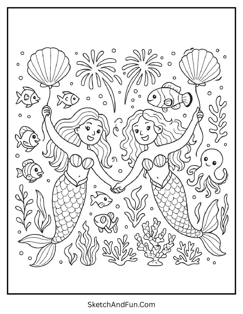 Mermaids underwater party – new year coloring pages with quotes printable