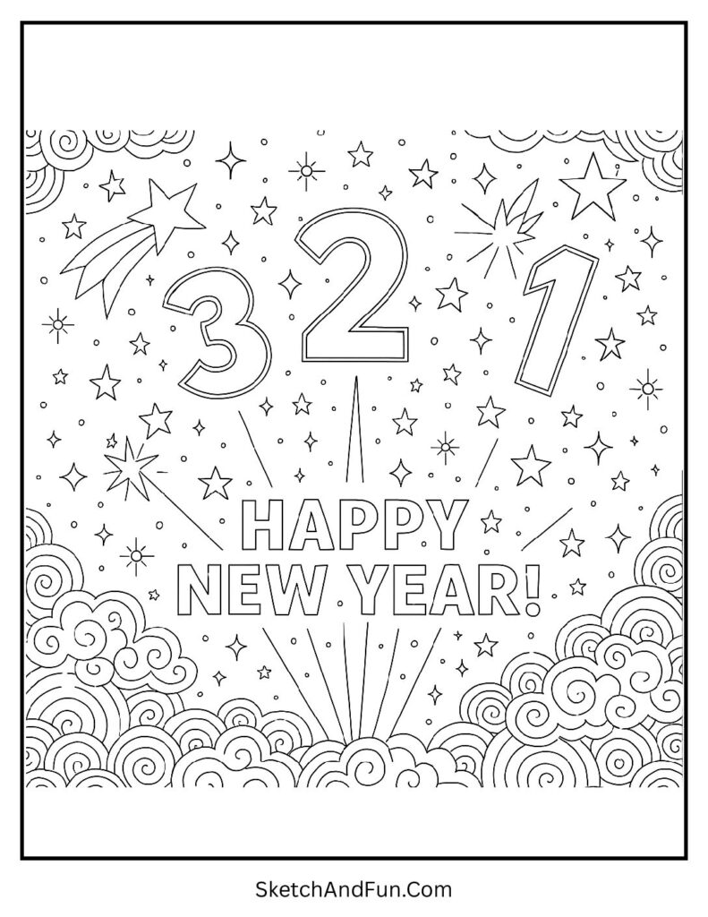 Stars countdown in sky – new year doodle coloring sheet pdf