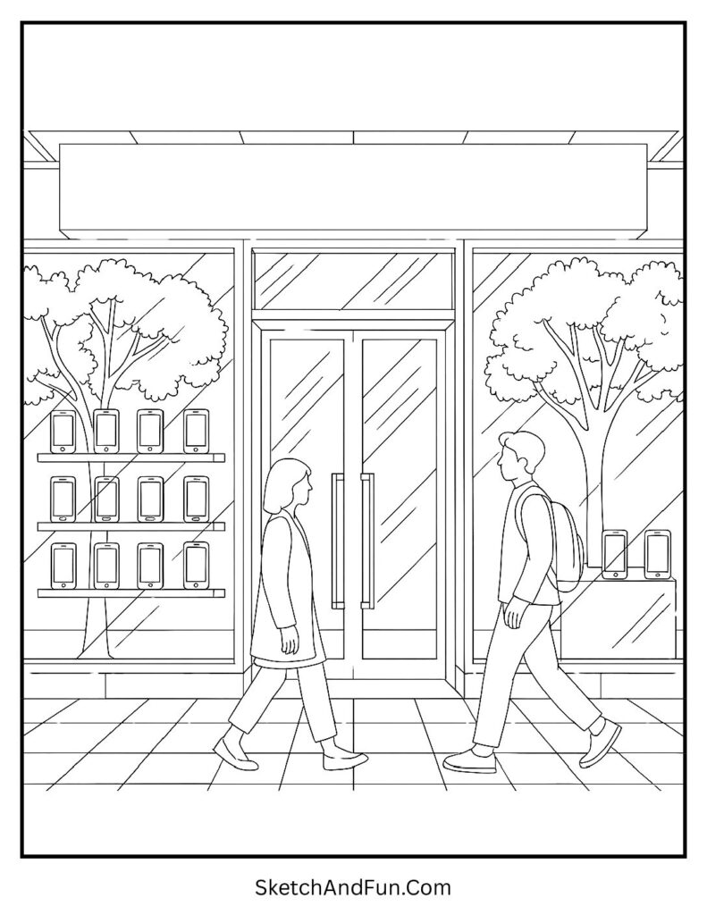 Electronics store coloring page with glass reflections and urban street