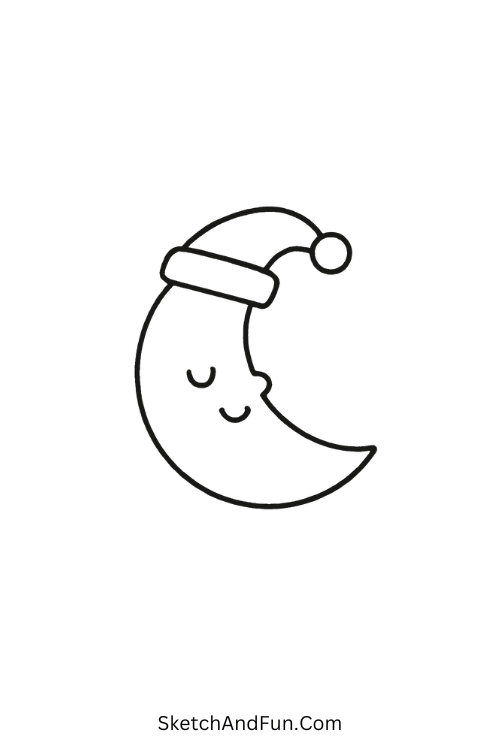 Christmas cartoon drawings showing a smiling crescent moon in a Santa hat.