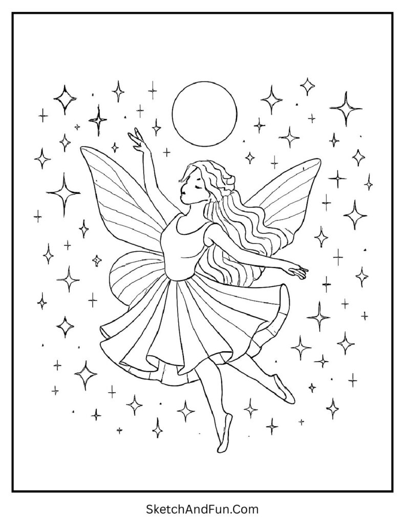 Graceful fairy dancing under the moon for fairy coloring pages pdf.