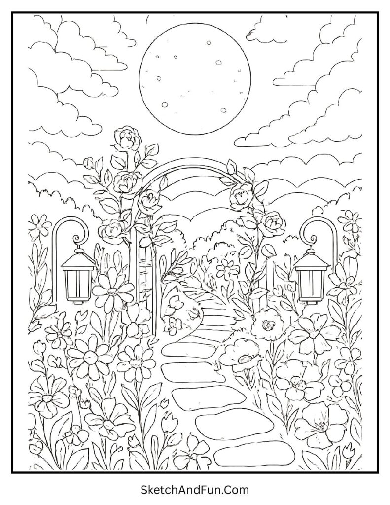 Peaceful moonlit garden with dreamy flowers for aesthetic coloring pages printable.