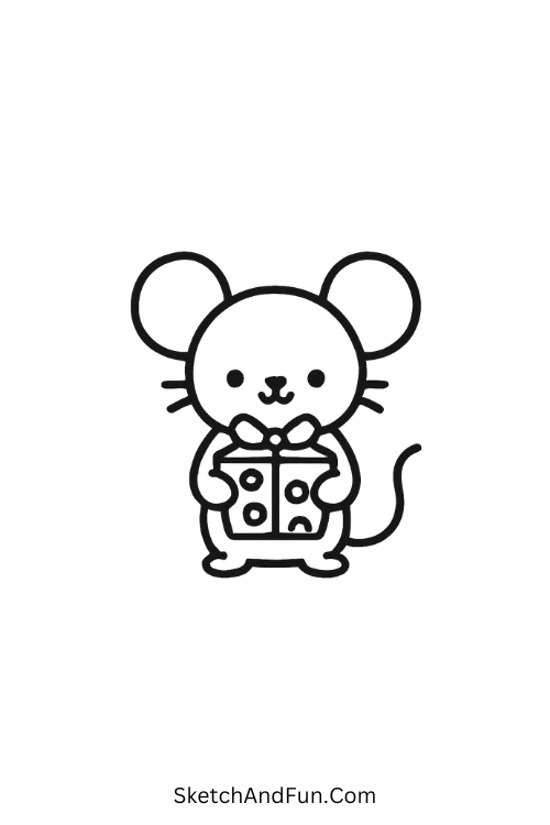 iny mouse holding gift, creative idea for fun holiday illustrations.