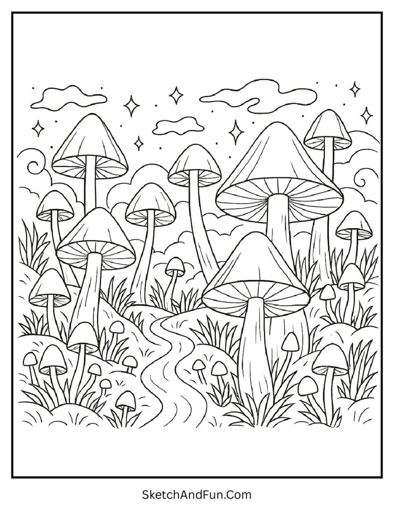 Magical forest with glowing mushrooms for aesthetic coloring pages educational.