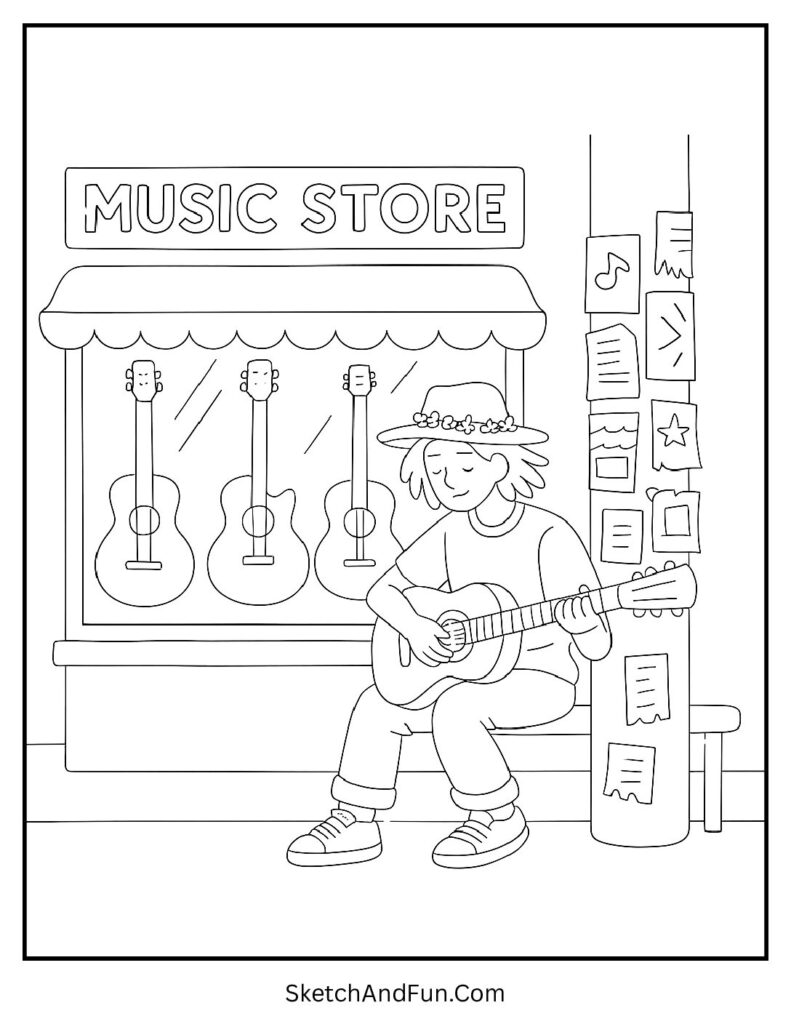 Music store coloring page with street artist and guitars in city scene