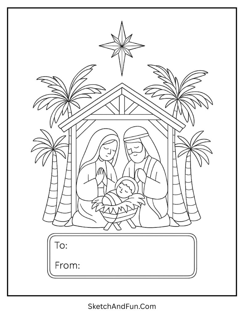 Coloring pages Christmas gift tags and labels featuring manger scene.