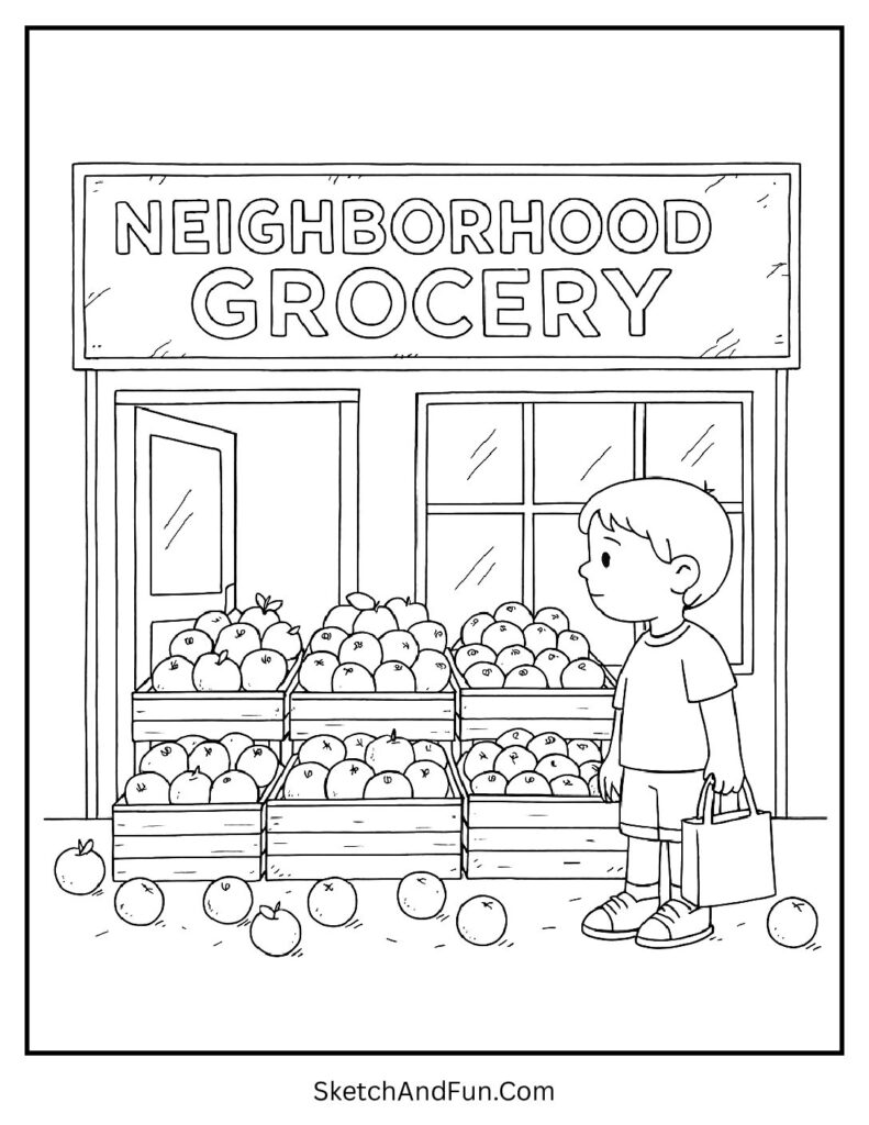 Grocery store with fruit crates and chalkboard for shop front coloring pages.