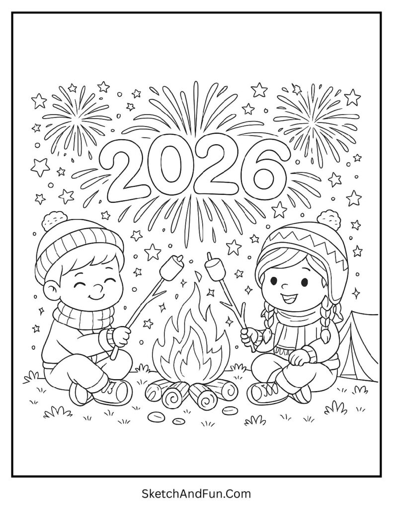 Camping night celebration – new year coloring pages for toddlers and preschool printable
