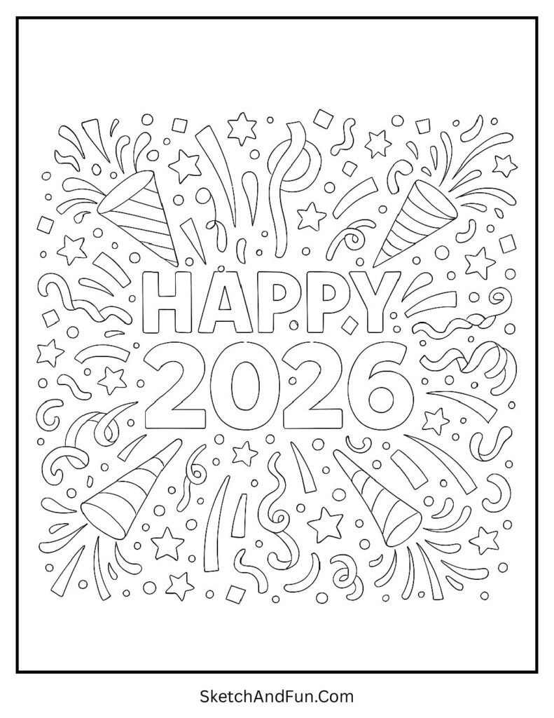 Confetti and party poppers – new year coloring page for classroom
