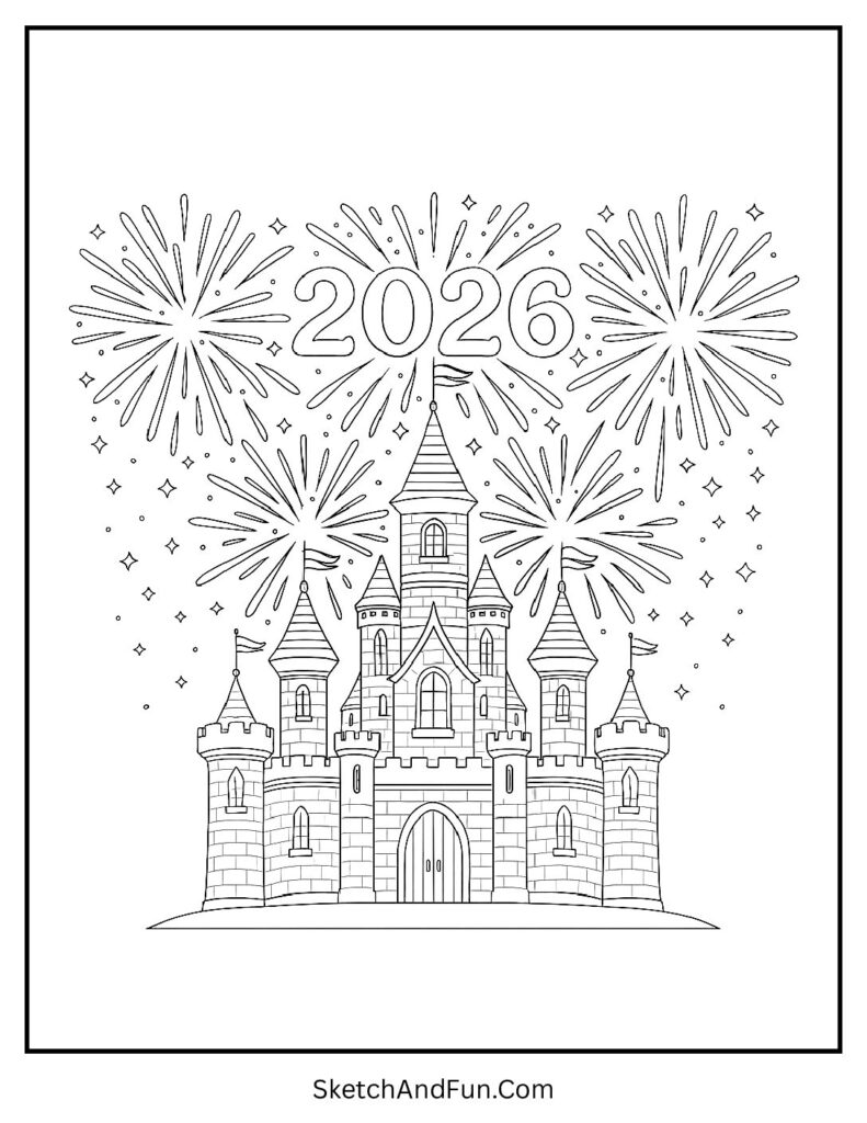New Year Fireworks Over the Castle Coloring Page pdf
