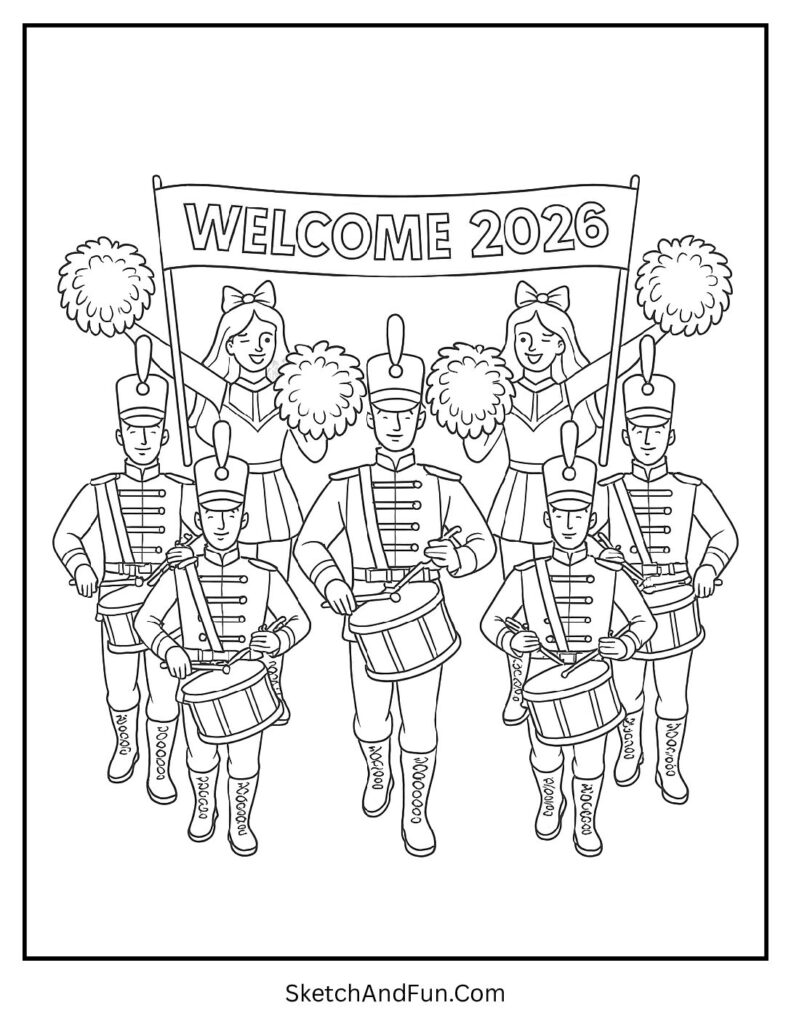 Drummers in parade – new year coloring pages classroom activity