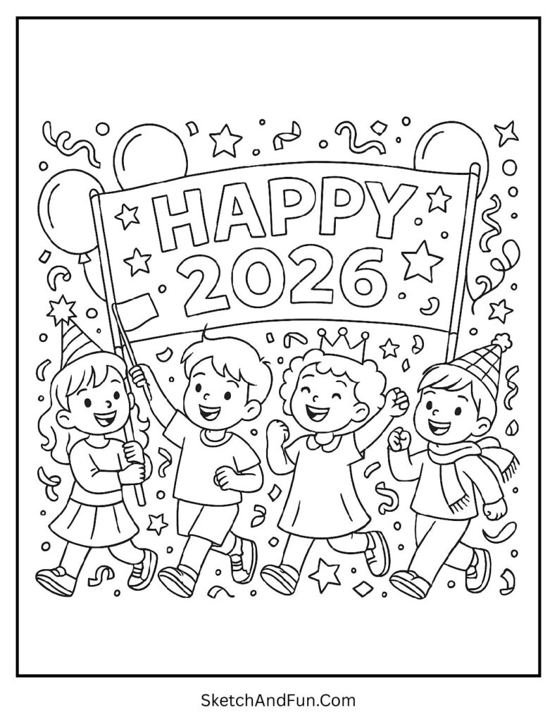 Colorful parade with floats – new year coloring sheet free pdf