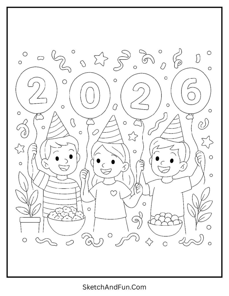 New Year Party Hats and Balloons Coloring Page pdf
