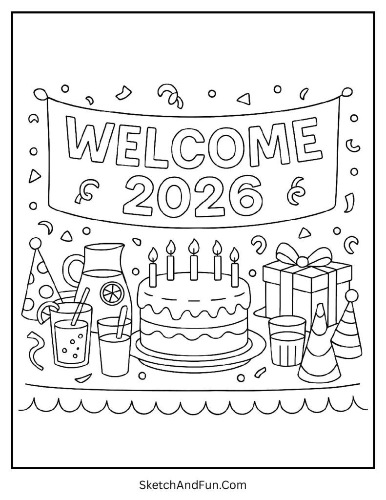 Party table with cake – new year countdown coloring page free
