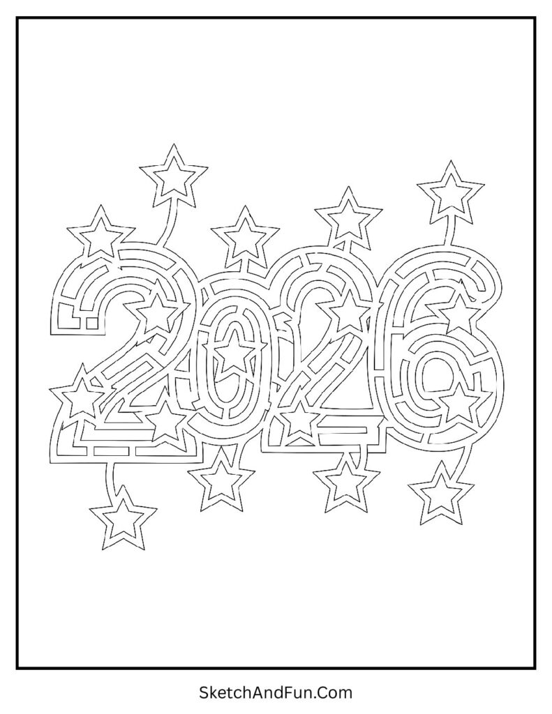 Stars maze puzzle – new year coloring sheet easy for kids