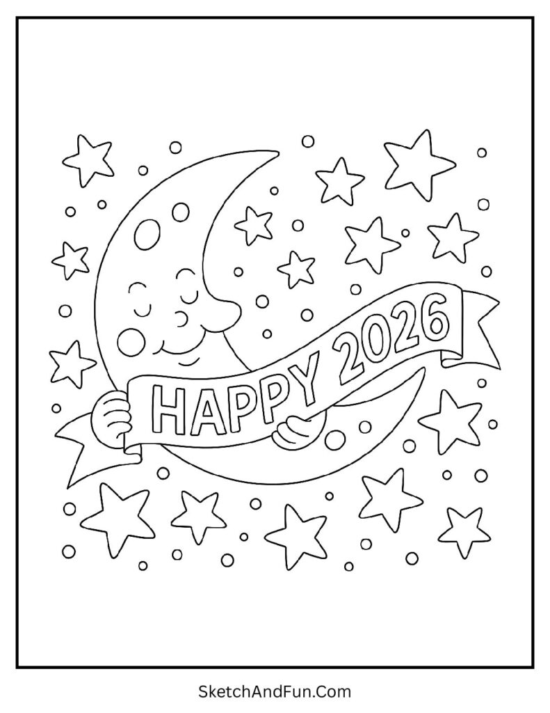 Moon holding banner 2026 – new year coloring pages party hat and confetti printable