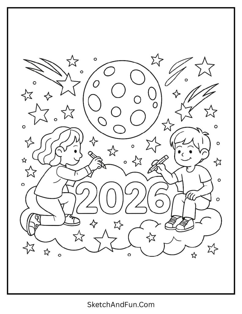 Kids making 2026 wishes – new year coloring pages monochrome outlines