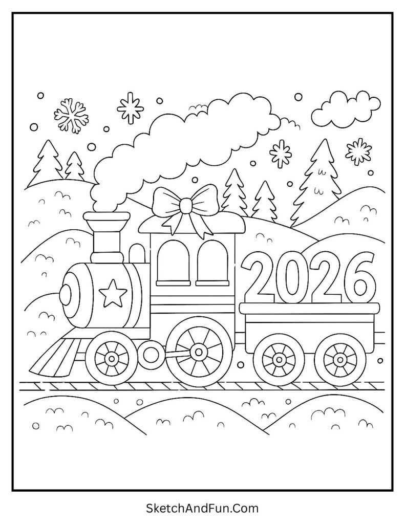 Train with 2026 carriages – new year 2024 coloring pages free download