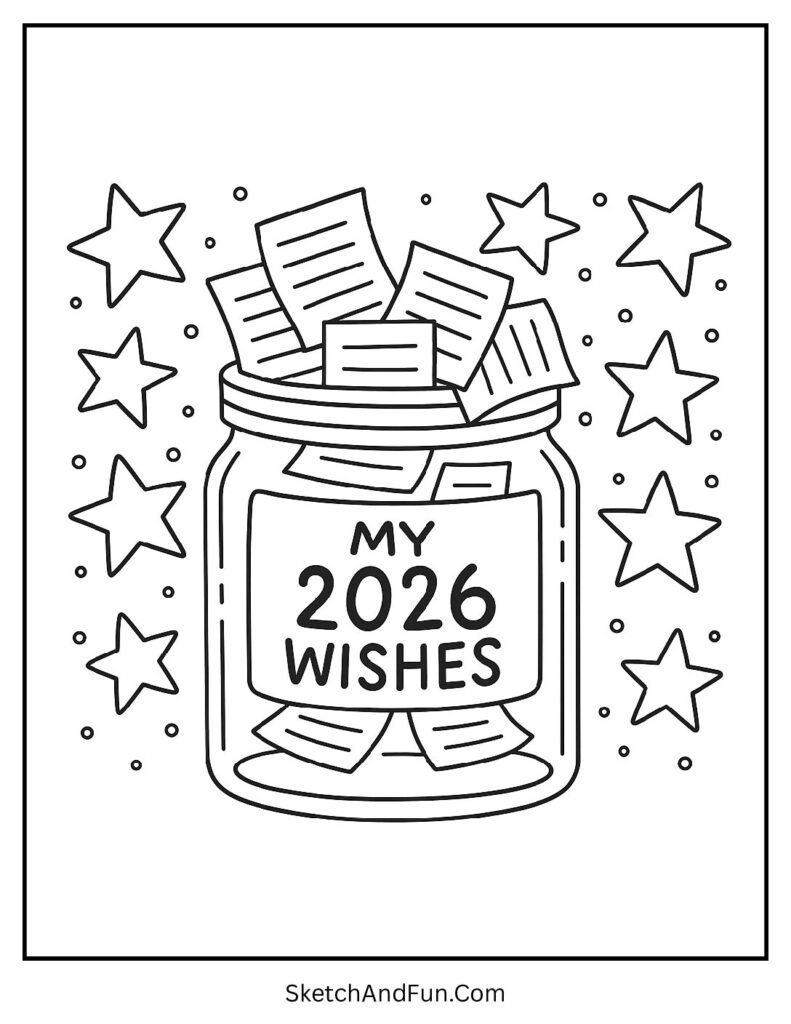 Wish jar with stars – happy new year coloring sheet printable