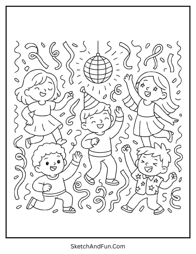 Dance party with streamers – new year banner coloring page printable