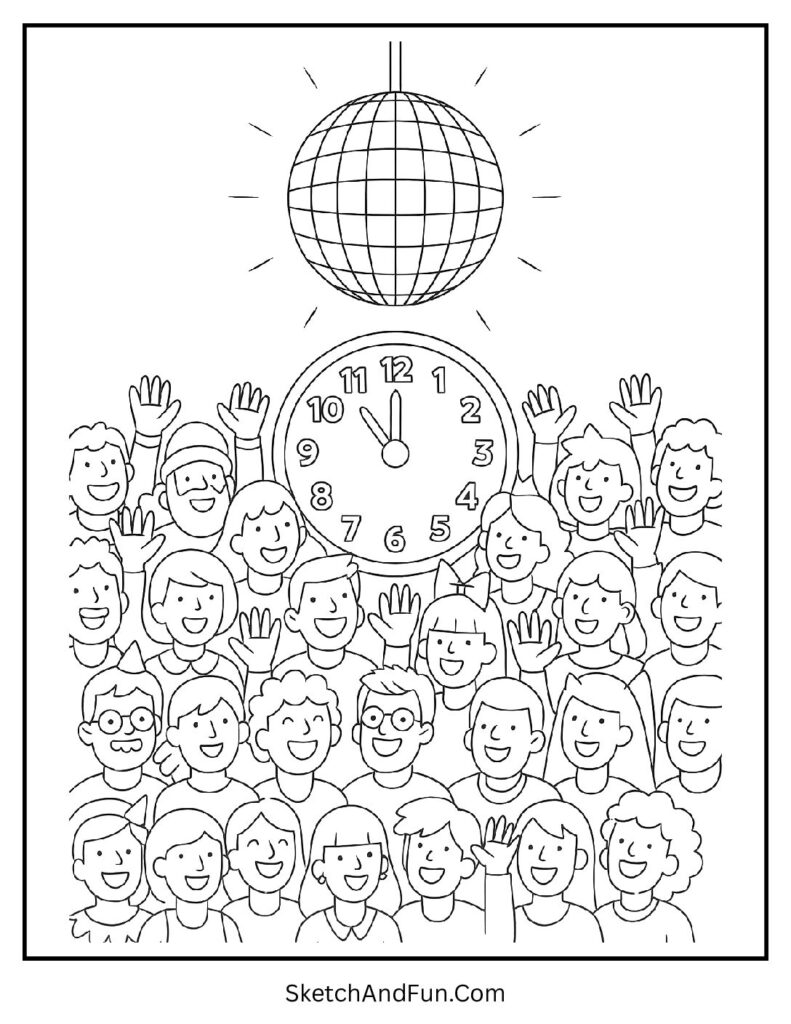 Kids under disco ball – new year coloring pages for preschoolers