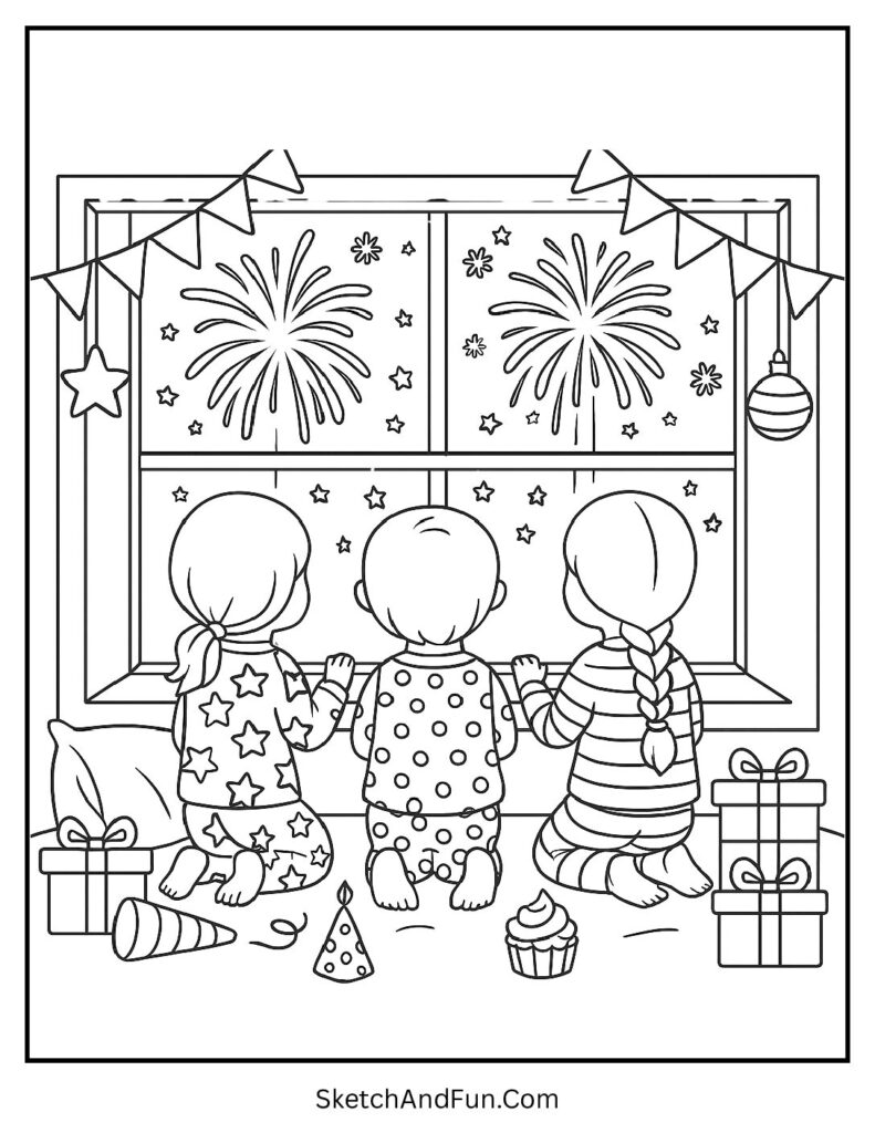 Kids in pajamas fireworks – new year coloring pages digital download