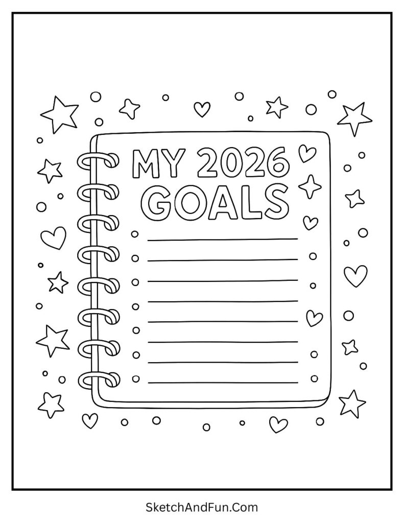 Kids writing 2026 goals – new year kids coloring sheets pdf