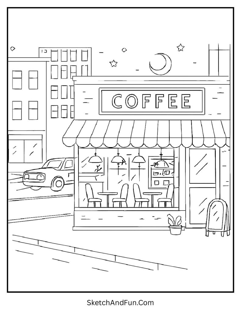 Nighttime coffee shop coloring page with glowing lights and quiet street