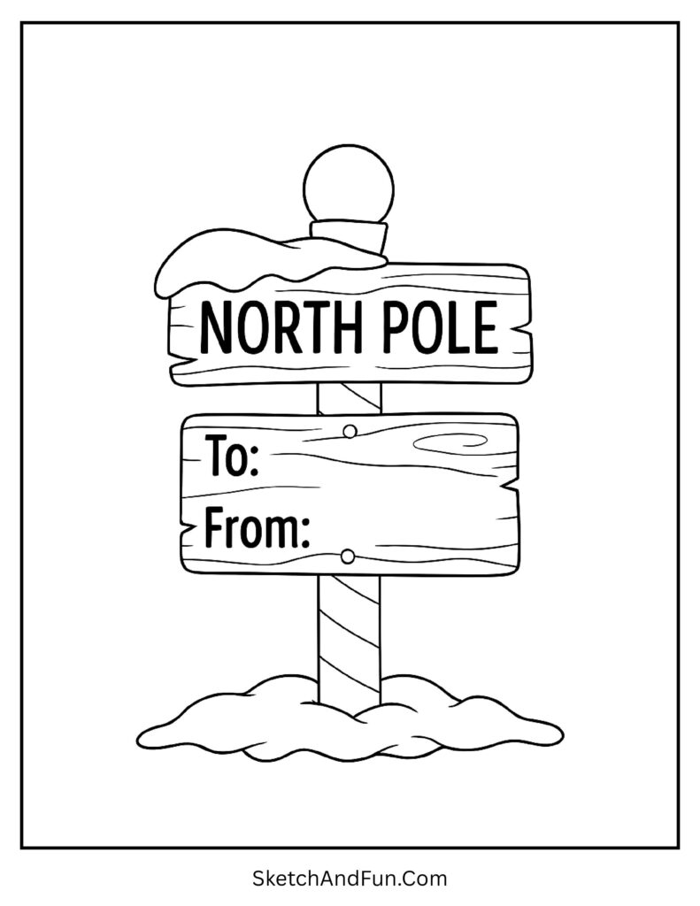 Christmas gift tag coloring pages with holiday icons and striped post.